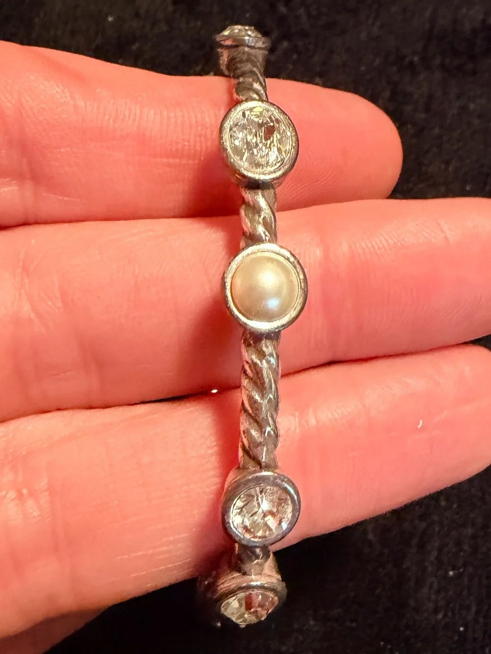 Brighton Monte Carlo Crystal Pearl Silver Hinged Bangle Bracelet